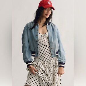 Anthropologie DOLAN Ruched-Sleeve Denim Varsity Bomber Jacket M